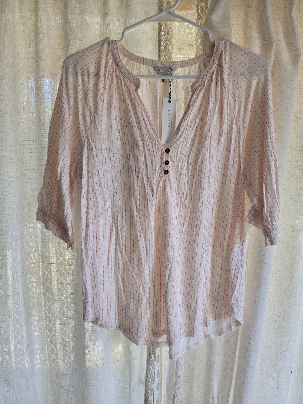 NWT Lucky Brand White and Red Women's Button-Front Peasant Top